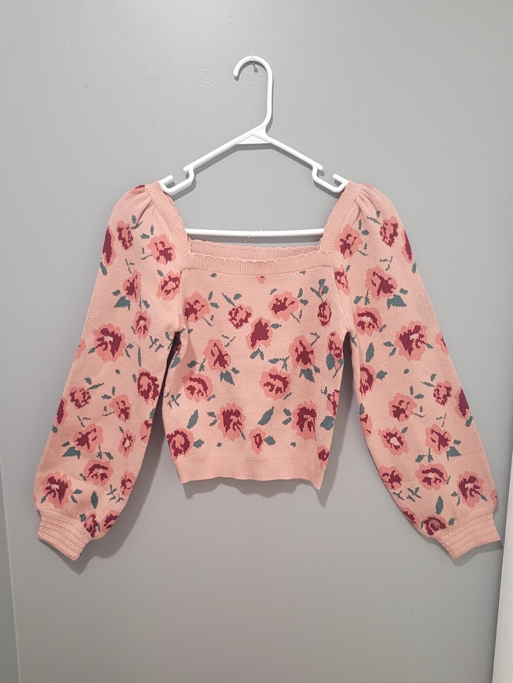 WILLOW & WIND Mauve Floral Square-Neck Stretch Fitted Sweater Sz Small